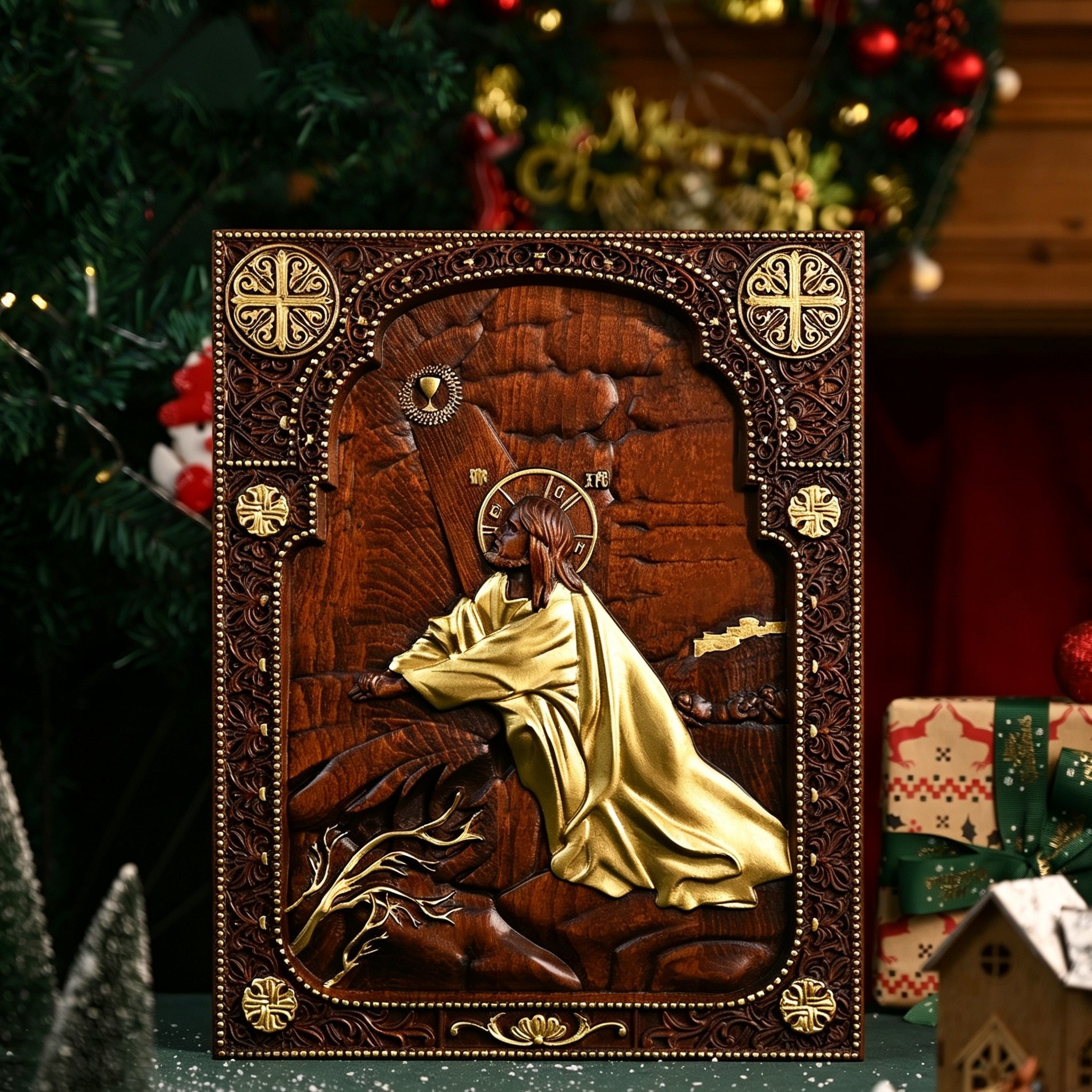 Jesus Carrying Cross Wood Carving Icon | Religious Wall Art, Christian Home Decor, Handmade Catholic Gift
