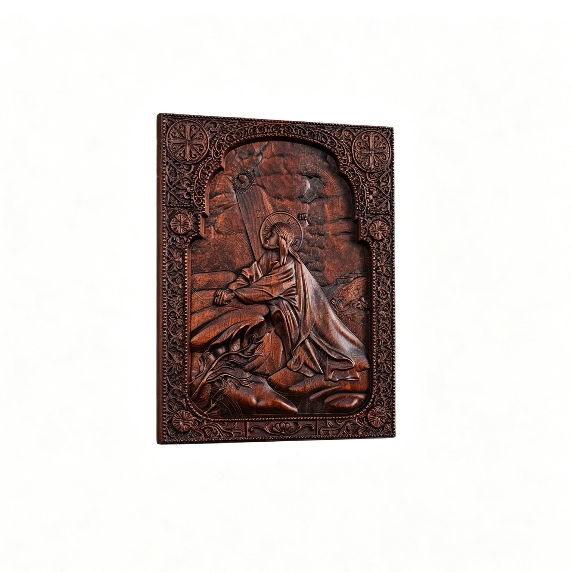 Jesus Carrying Cross Wood Carving Icon | Religious Wall Art, Christian Home Decor, Handmade Catholic Gift