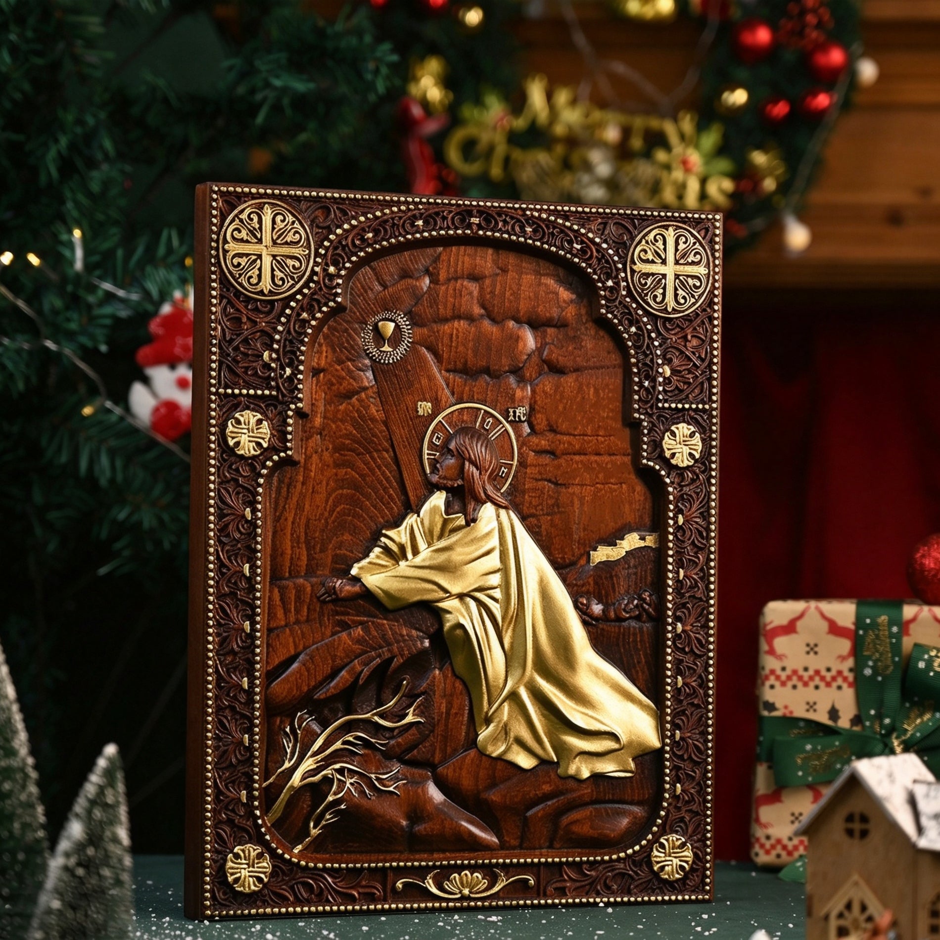 Jesus Carrying Cross Wood Carving Icon | Religious Wall Art, Christian Home Decor, Handmade Catholic Gift