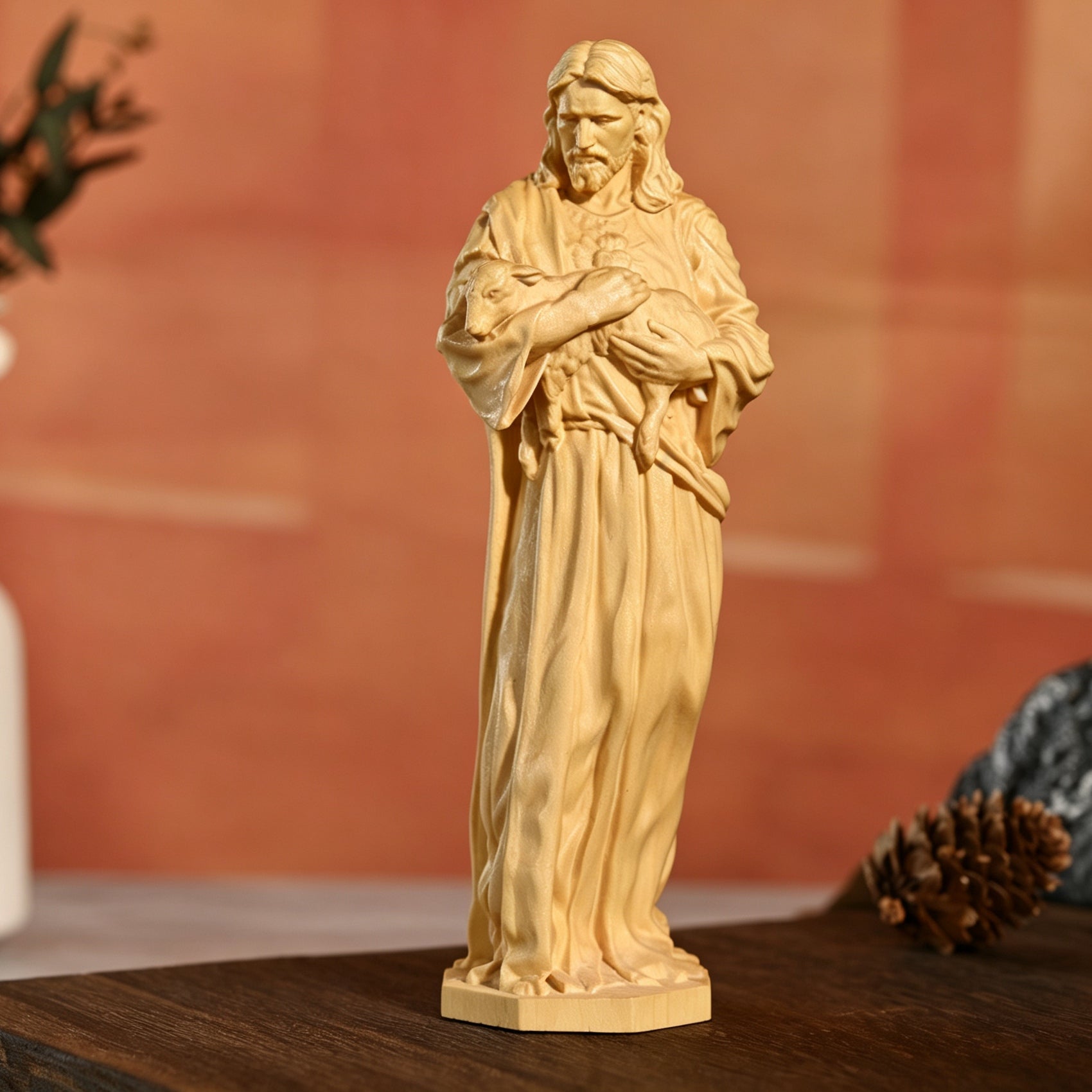 Vintage Hand Carved Wood Jesus The Good Shepherd Statue, Christian Religious Figurine, Natural Wood Home Decor, Spiritual Devotional Gift