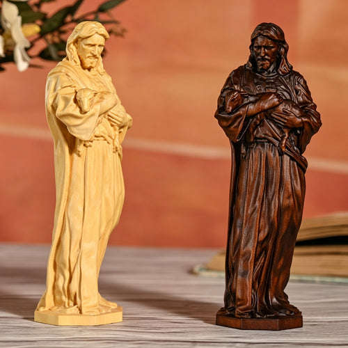 Vintage Hand Carved Wood Jesus The Good Shepherd Statue, Christian Religious Figurine, Natural Wood Home Decor, Spiritual Devotional Gift