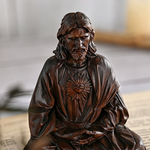 Hand Carved Jesus Sacred Heart Wooden Statue, Vintage Christian Religious Figurine, Meditation Home Decor, Spiritual Devotional Giftving, rustic Jesus sculpture, Catholic devotional item, faith