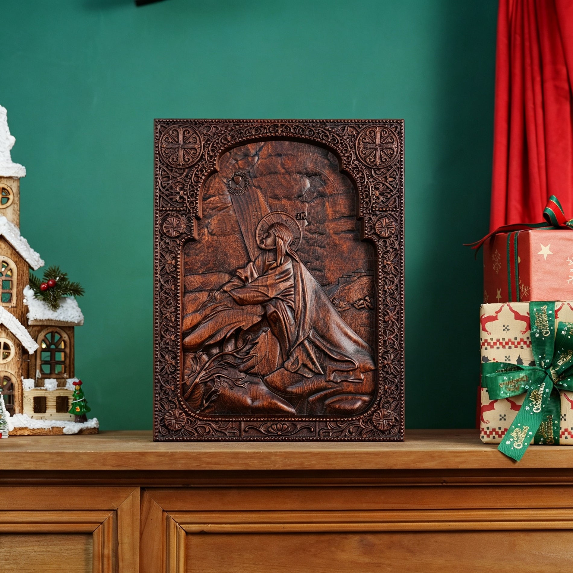 Jesus Carrying Cross Wood Carving Icon | Religious Wall Art, Christian Home Decor, Handmade Catholic Gift