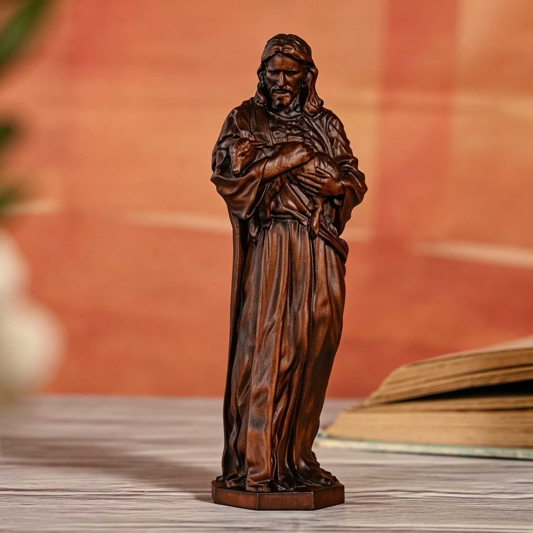 Vintage Hand Carved Wood Jesus The Good Shepherd Statue, Christian Religious Figurine, Natural Wood Home Decor, Spiritual Devotional Gift