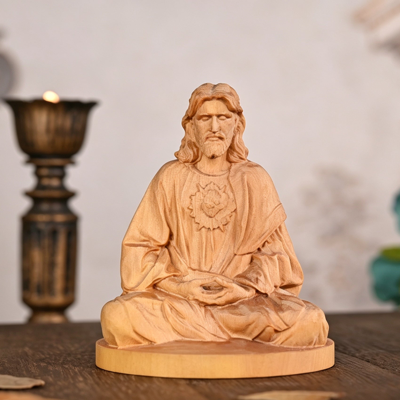 Hand Carved Jesus Sacred Heart Wooden Statue, Vintage Christian Religious Figurine, Meditation Home Decor, Spiritual Devotional Giftving, rustic Jesus sculpture, Catholic devotional item, faith
