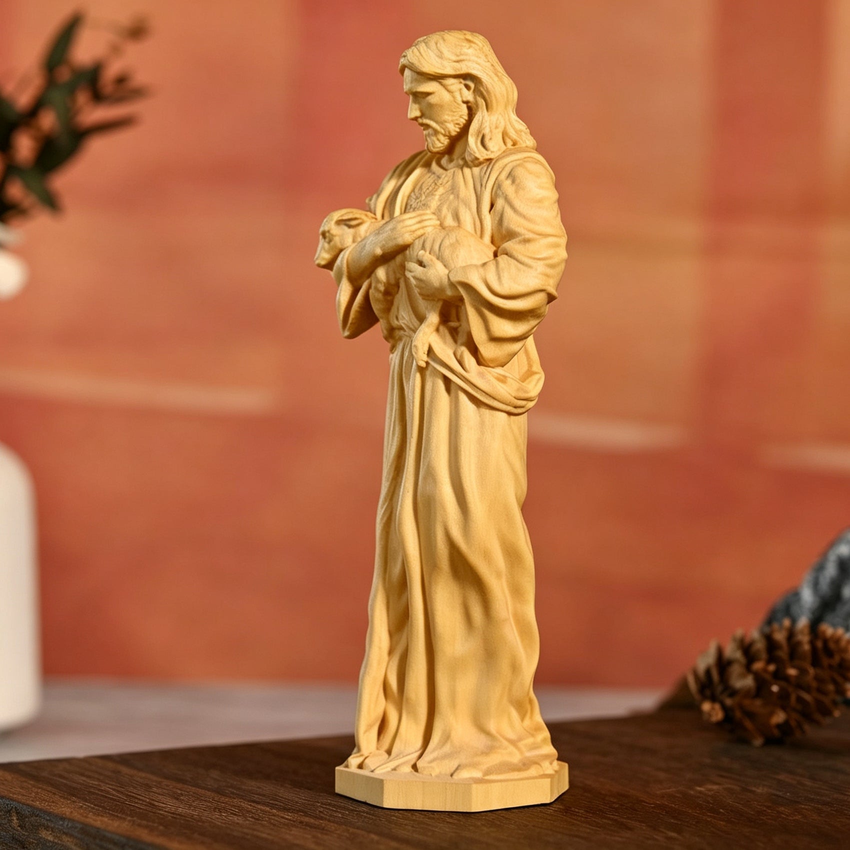 Vintage Hand Carved Wood Jesus The Good Shepherd Statue, Christian Religious Figurine, Natural Wood Home Decor, Spiritual Devotional Gift